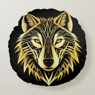 Coussins Ronds Tête de Loup Doré sur Géométrique Noir 🐺