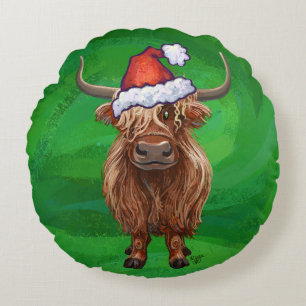 Coussins Ronds Têtes de fête et sentiers Highland Cow on Green