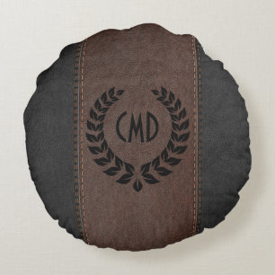 Coussins Ronds Texture de cuir vintage cousu en noir et marron