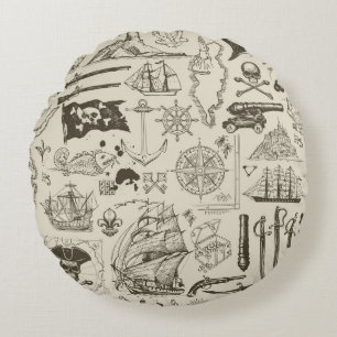 Coussins Ronds Thème pirate : motif nautique vintage.