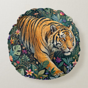 Coussins Ronds Tigre aux Yeux Ambrés Feuillage de la Jungle Fanta