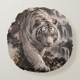 Coussins Ronds Tigre blanc avec pleine lune et montagnes enneigée