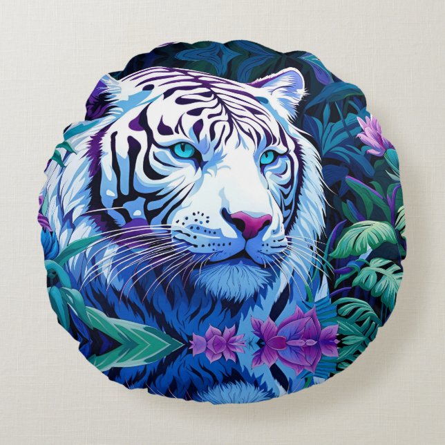 Coussins Ronds Tigre blanc en fleurs violettes (Devant)