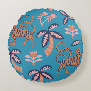 Coussins Ronds Tigre de couleur rétro vintage, palmier, soudure