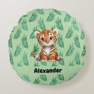 Coussins Ronds Tigre de dessin mignon sur Feuilles tropicaux