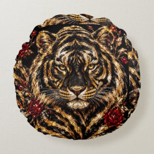 Coussins Ronds Tigre doré & Roses rouges Art floral