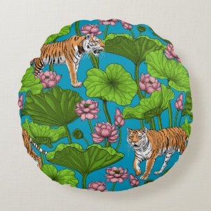 Coussins Ronds Tigres dans l'étang rose lotus