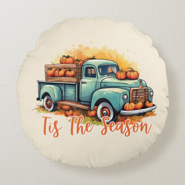 Coussins Ronds 'Tis The Season - Camion rustique avec Citrouilles (Devant)