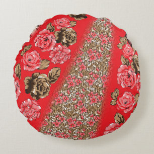 Coussins Ronds Tissu rouge éclatant avec floral complexe et