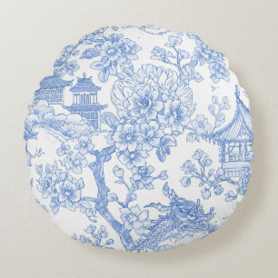 Coussins Ronds Toile de chinoiserie bleue Dragon Fleur de cerisie