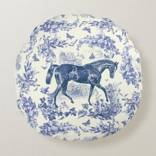 Coussins Ronds Toile florale élégante vintage bleu blanc cheval