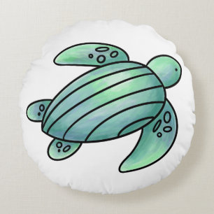 Coussins Ronds tortue de mer peinte à l'aquarelle dessin animé bl