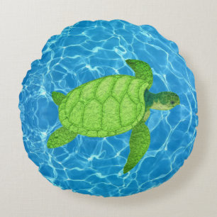 Coussins Ronds Tortue de mer verte sur fond d'eau turquoise