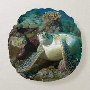 Coussins Ronds Tortue verte de mer après s'être reposée parmi le