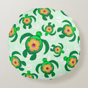 Coussins Ronds Tortues de mer vertes Honu Fleurs d'Hibiscus