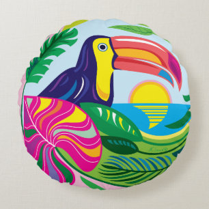 Coussins Ronds Toucan et feuilles tropicales