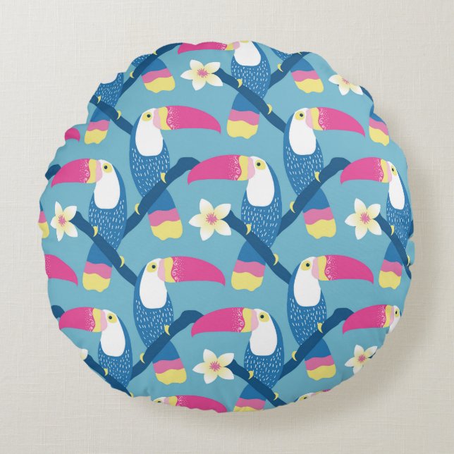 Coussins Ronds Toucan tropical : motif floral vibrant. (Devant)