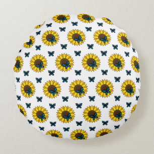 Coussins Ronds Tournesol et papillon bleu