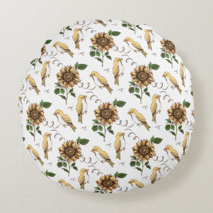 Coussins Ronds Tournesol & Oiseaux Vintage Floral Botanique Vinta