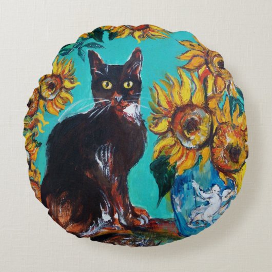 COUSSINS RONDS TOURNESOLS AVEC CHAT NOIR EN BLEU TURQUOISE (Devant)