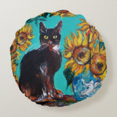 COUSSINS RONDS TOURNESOLS AVEC CHAT NOIR EN BLEU TURQUOISE (Dos)