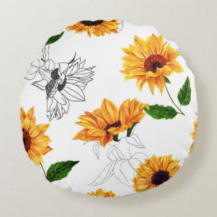 Coussins Ronds Tournesols dessinés à la main : motif jaune vif.