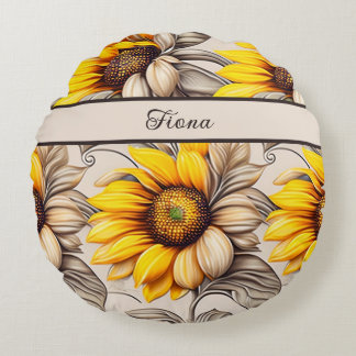 Coussins Ronds Tournesols motif aquarelle