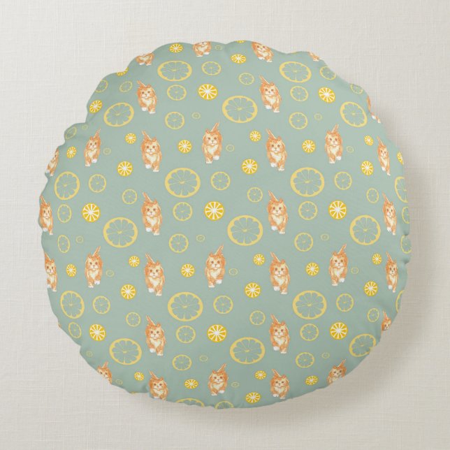 Coussins Ronds tranche de citron et motif de chat (Devant)