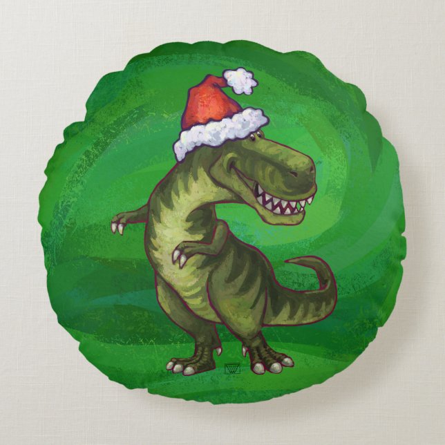 Coussins Ronds TRex à Santa Hat sur Green (Devant)