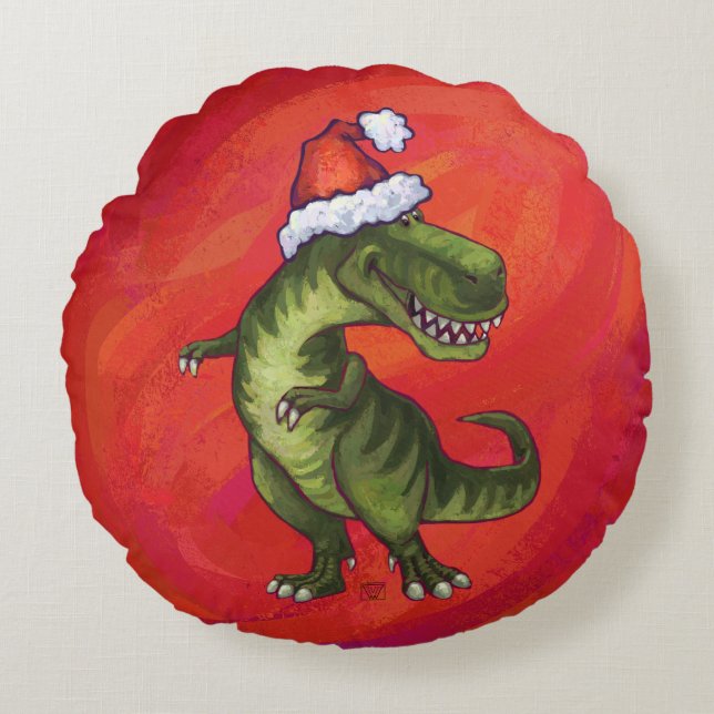 Coussins Ronds TRex Dino à Santa Hat sur Red (Devant)