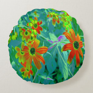 Coussins Ronds Trippy Jaune et Fleurs sauvages rouges sur Retro B