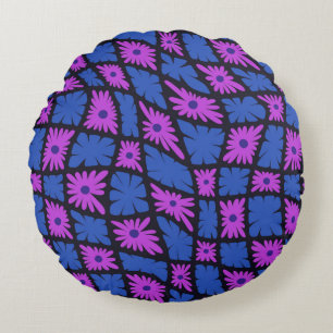 Coussins Ronds Trippy super 60s Flower Checks bleu rose