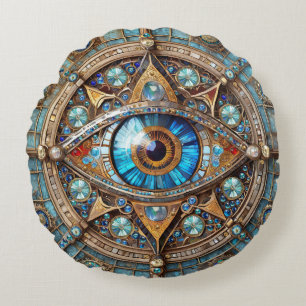 Coussins Ronds Troisième Œil - Mandala Bleu Turquoise Or