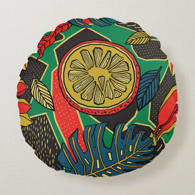 Coussins Ronds Tropical floral pattern in doodle style with fruit (Devant)