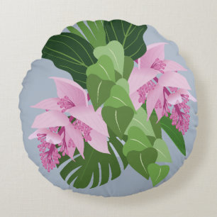 Coussins Ronds Tropical Medinilla rose Fleur sur bleu