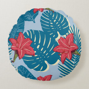 Coussins Ronds Tropical Palm sans couture feuille bleu motif