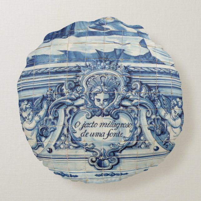 Coussins Ronds Tuiles murales portugaises bleues et blanches avec (Dos)