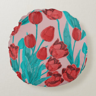 Coussins Ronds Tulipes de printemps, motif floral dessiné à la ma