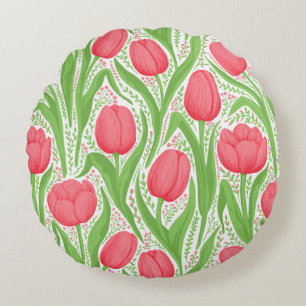 Coussins Ronds Tulipes en rouge et vert