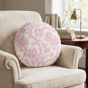 Coussins Ronds Tulipes Toile Rose et Crème Décor de Campagne Fran