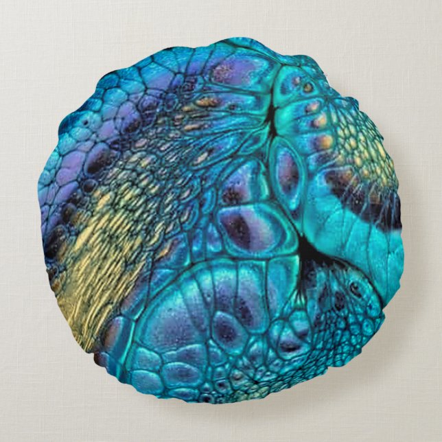 Coussins Ronds Turquoise bleu violet or Dragon peau Abstraite (Dos)