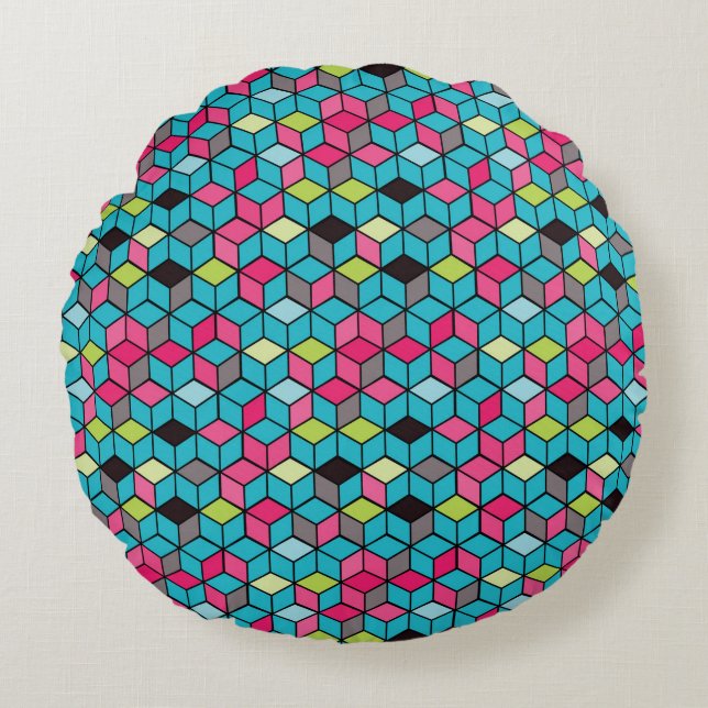 Coussins Ronds Turquoise et motif rose de cube (Devant)