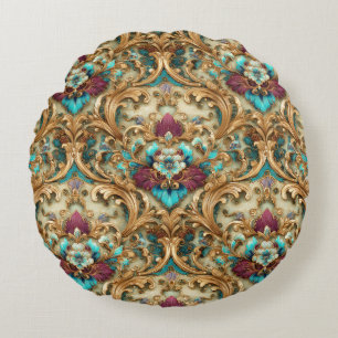Coussins Ronds Turquoise et Or Damassé Orné