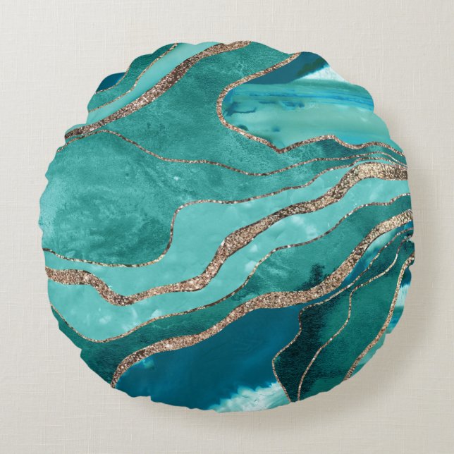Coussins Ronds Turquoise Turquoise marbre Agate or Parties scinti (Devant)