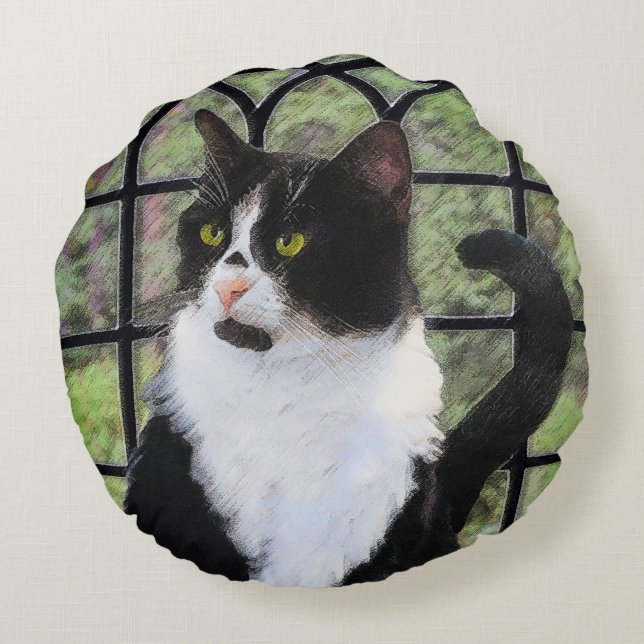 Coussins Ronds Tuxedo Chat dans la peinture de fenêtre Art animal (Dos)