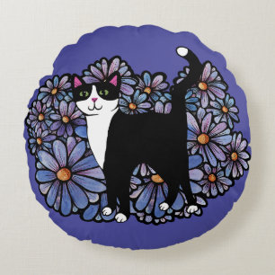 Coussins Ronds Tuxedo Chat Purple Daisies Art