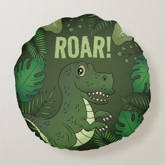 Coussins Ronds Tyrannosaurus vert mignon Rex Dinosaur & Roar Text (Dos)
