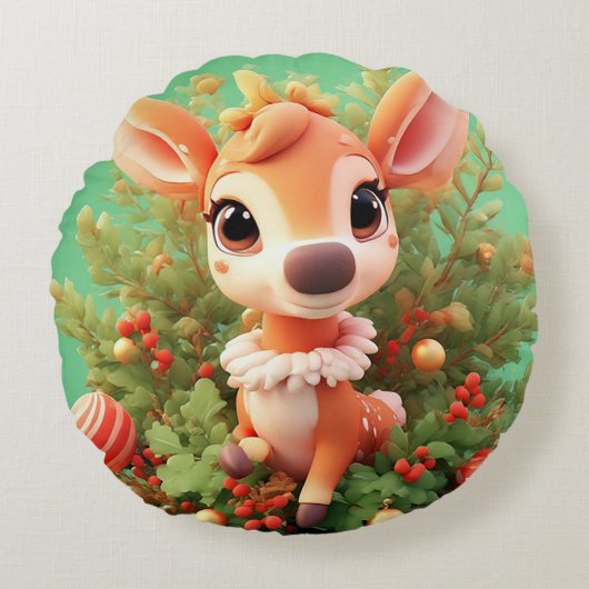 Coussins Ronds Un adorable cerf de caricature dans un Noël festif (Devant)
