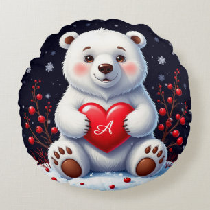 Coussins Ronds Un adorable ourson polaire blanc tenant un cœur ro