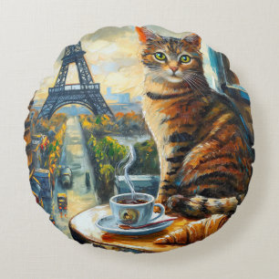 Coussins Ronds Un matin à Paris   Chat tigré dans un café